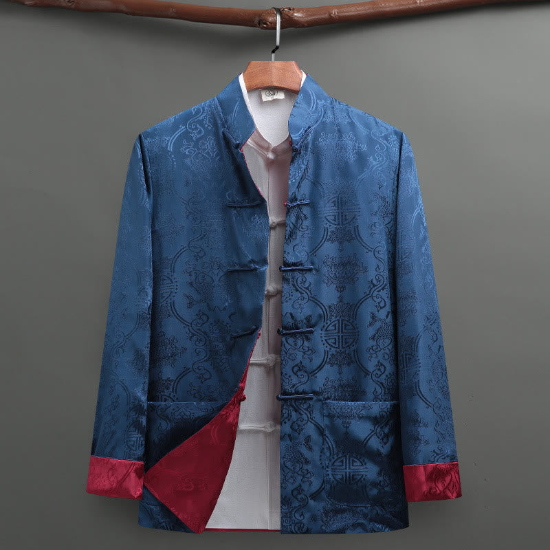 Buddha Stones Men's Frog-Button Tang Suit Koi Fish Pattern Long Sleeve Shirt With Pockets - CornflowerBlue - US/UK/AU42，EU52 (3XL) - image 11
