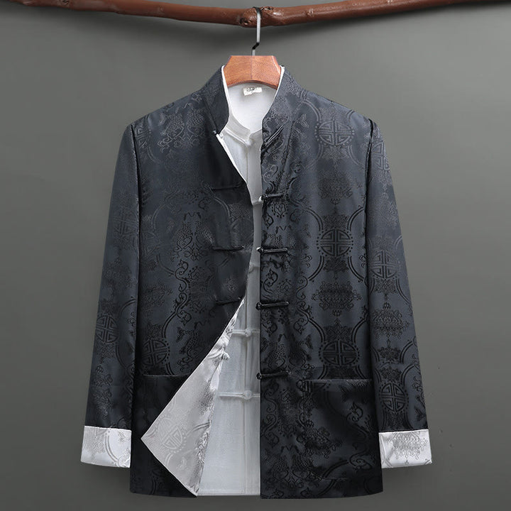 Buddha Stones Men's Frog-Button Tang Suit Koi Fish Pattern Long Sleeve Shirt With Pockets - Black+Gray - US/UK/AU42，EU52 (3XL) - image 10