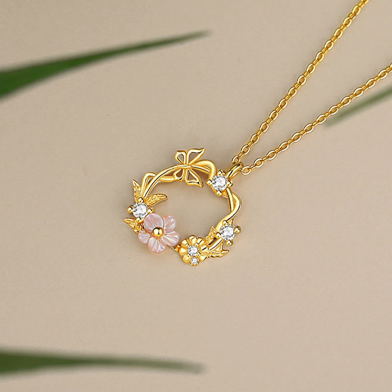 Buddha Stones 925 Sterling Silver Cubic Zirconia Shell Butterfly Peach Blossom Blessing Necklace Pendant - image 2