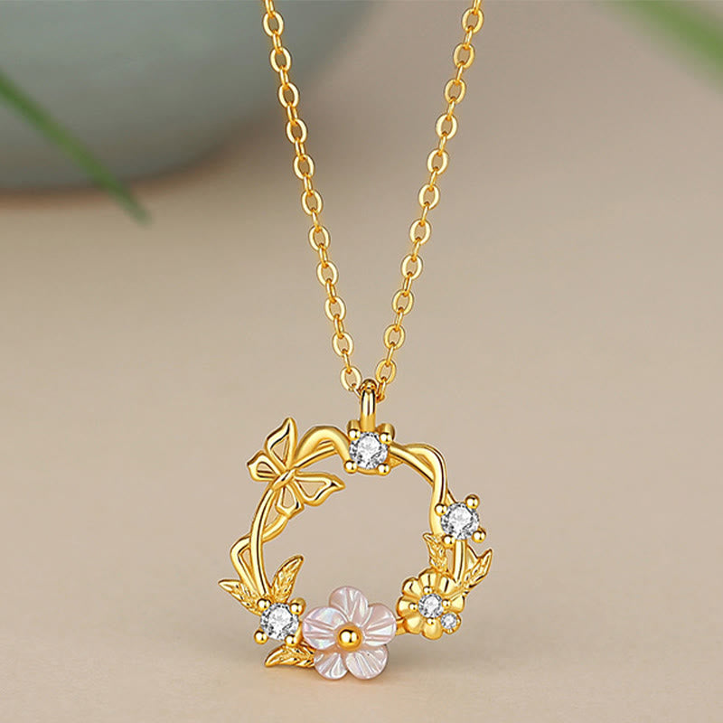 Buddha Stones 925 Sterling Silver Cubic Zirconia Shell Butterfly Peach Blossom Blessing Necklace Pendant - image 1