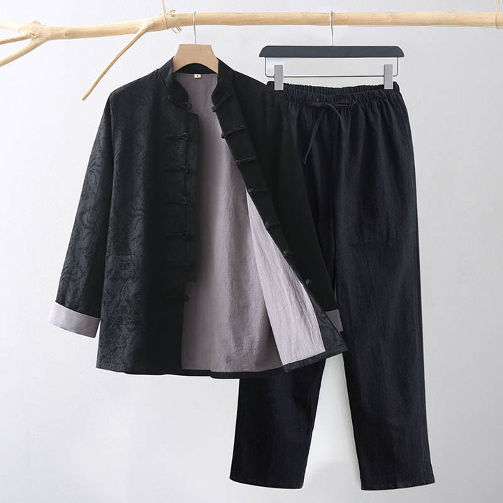 Buddha Stones 2Pcs Men's Tang Suit Jacquard Vine Pattern Frog-Button Cotton Long Sleeve Shirt Pants Set - Black - US/UK/AU44，EU54 (4XL) - image 10