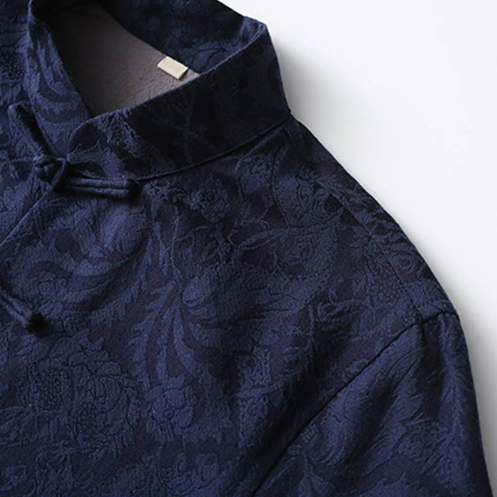 Buddha Stones 2Pcs Men's Tang Suit Jacquard Vine Pattern Frog-Button Cotton Long Sleeve Shirt Pants Set - image 2