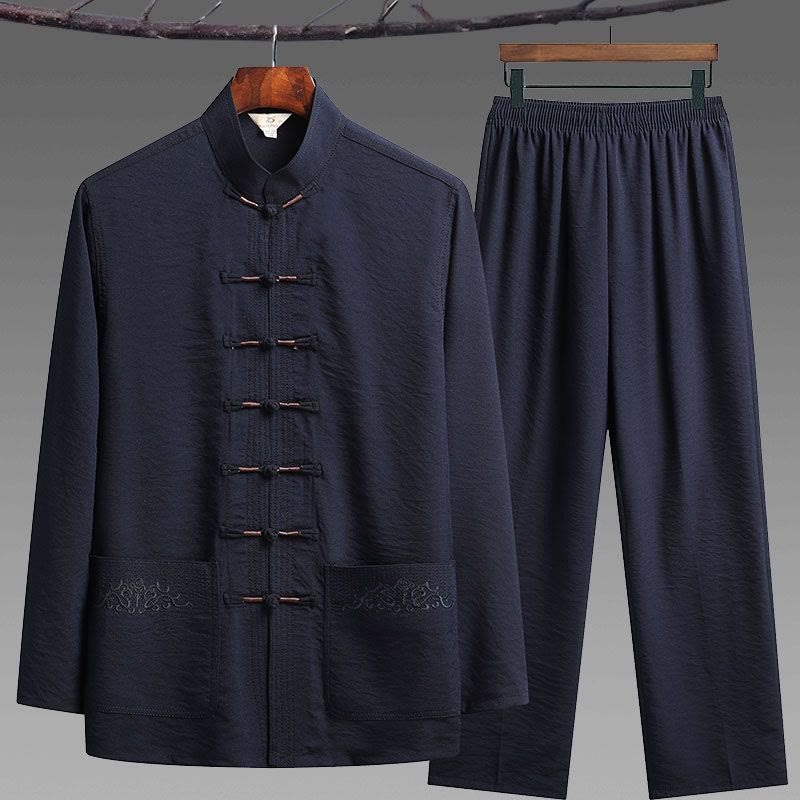 Buddha Stones 2Pcs Plain Tang Suit Men's Frog-Button Long Sleeve Shirt Pants Set - SteelBlue - 2Pcs Set - US/UK/AU44，EU54 (4XL) - image 0
