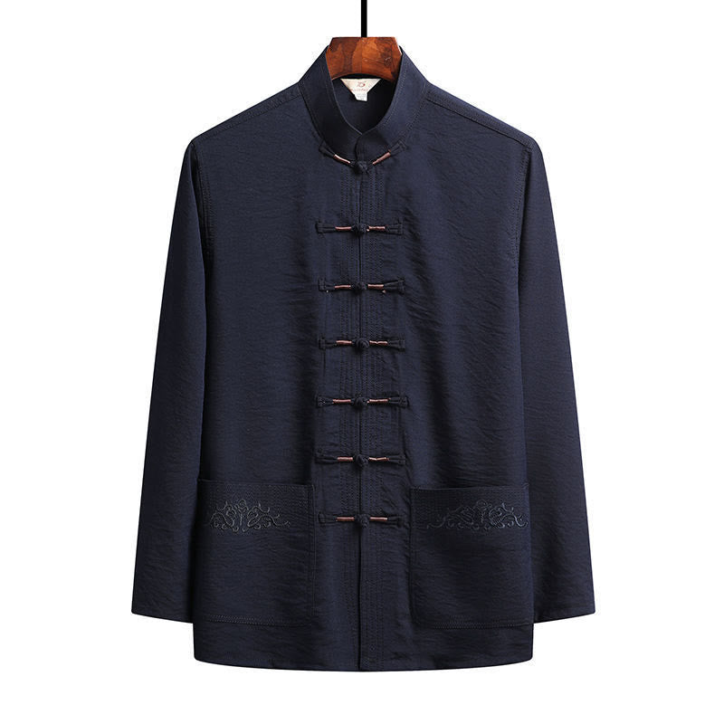 Buddha Stones 2Pcs Plain Tang Suit Men's Frog-Button Long Sleeve Shirt Pants Set - SteelBlue - Shirt - US/UK/AU42，EU52 (4XL) - image 1