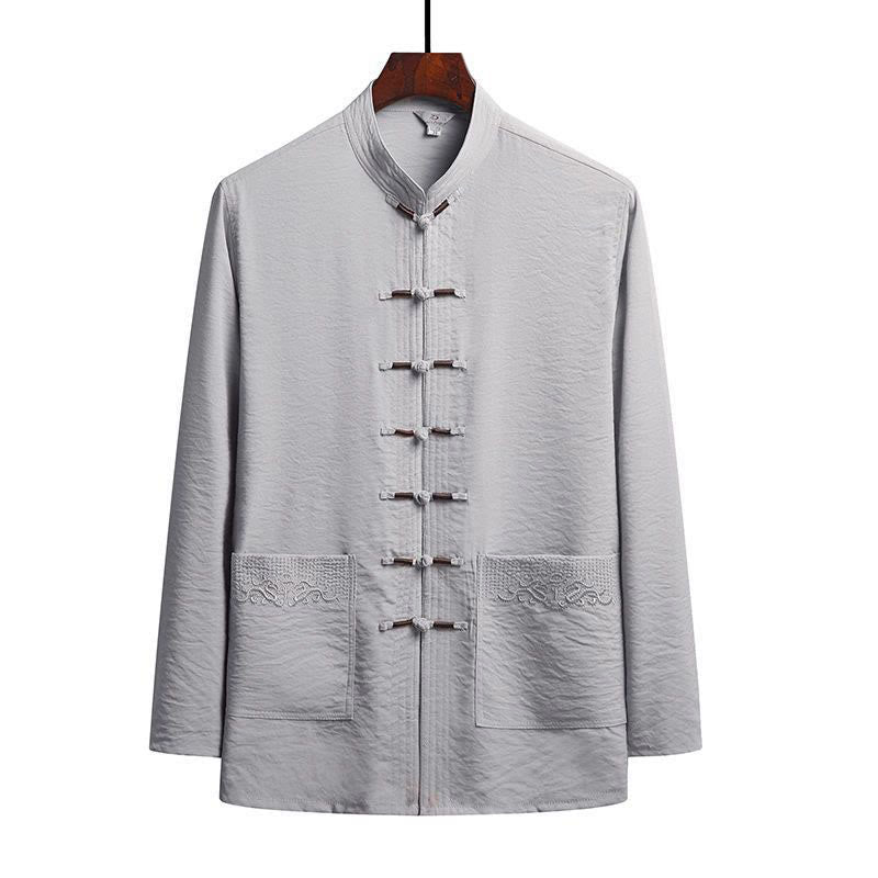 Buddha Stones 2Pcs Plain Tang Suit Men's Frog-Button Long Sleeve Shirt Pants Set - LightGrey - Shirt - US/UK/AU44，EU54 (4XL) - image 13