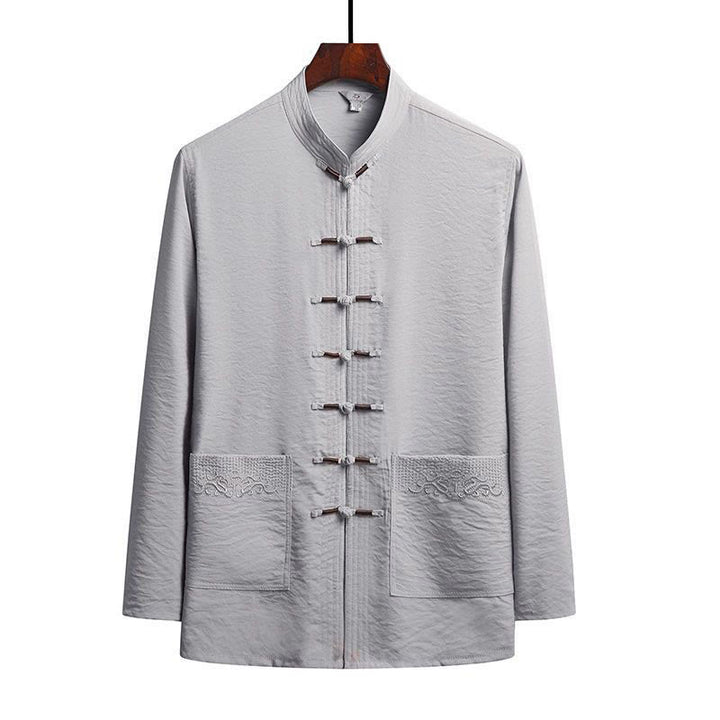 Buddha Stones 2Pcs Plain Tang Suit Men's Frog-Button Long Sleeve Shirt Pants Set - LightGrey - Shirt - US/UK/AU44，EU54 (4XL) - image 13