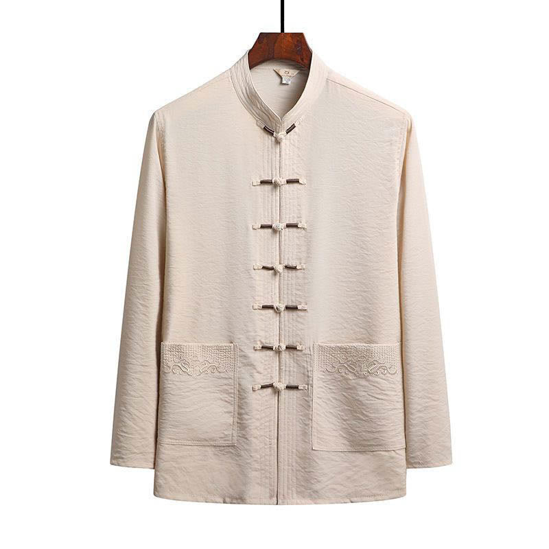 Buddha Stones 2Pcs Plain Tang Suit Men's Frog-Button Long Sleeve Shirt Pants Set - Bisque - Shirt - US/UK/AU42，EU52 (4XL) - image 17