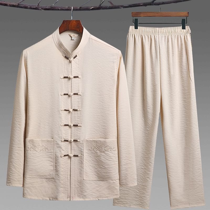 Buddha Stones 2Pcs Plain Tang Suit Men's Frog-Button Long Sleeve Shirt Pants Set - Bisque - 2Pcs Set - US/UK/AU42，EU52 (4XL) - image 16