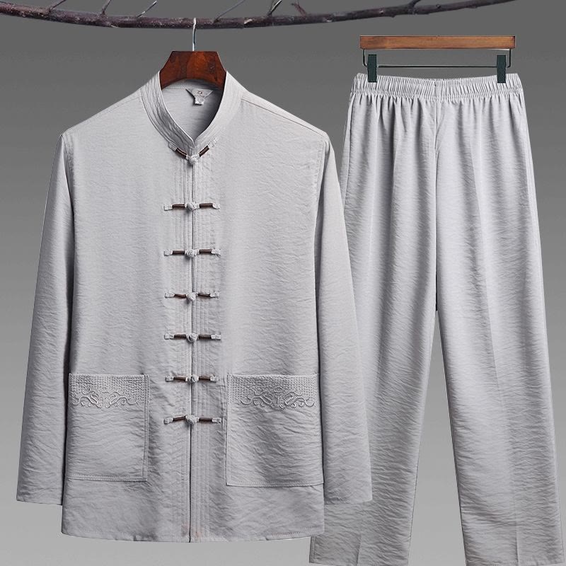 Buddha Stones 2Pcs Plain Tang Suit Men's Frog-Button Long Sleeve Shirt Pants Set - LightGrey - 2Pcs Set - US/UK/AU42，EU52 (4XL) - image 10