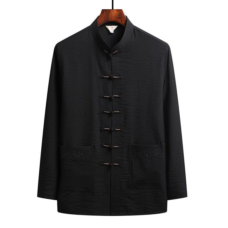Buddha Stones 2Pcs Plain Tang Suit Men's Frog-Button Long Sleeve Shirt Pants Set - Black - Shirt - US/UK/AU42，EU52 (4XL) - image 9