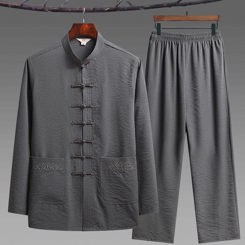 Buddha Stones 2Pcs Plain Tang Suit Men's Frog-Button Long Sleeve Shirt Pants Set - Gray - 2Pcs Set - US/UK/AU42，EU52 (4XL) - image 2