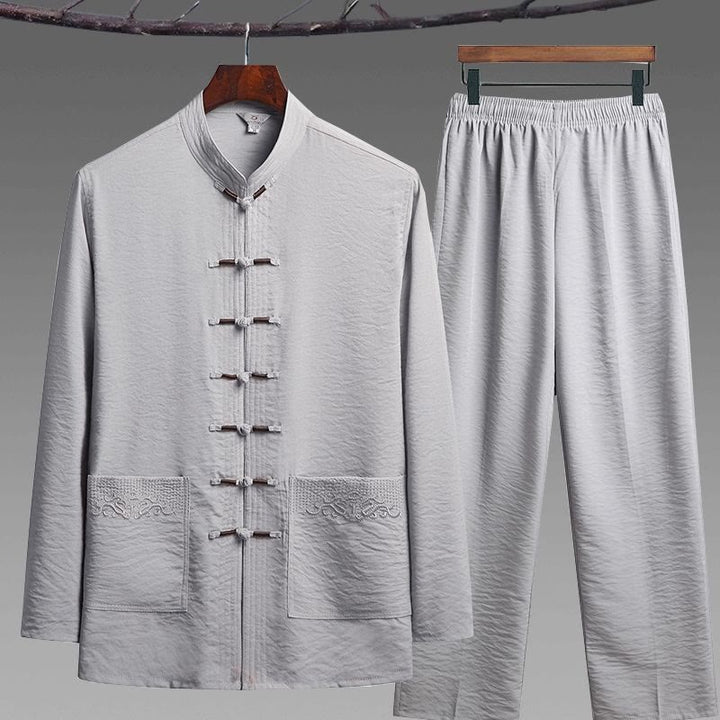Buddha Stones 2Pcs Plain Tang Suit Men's Frog-Button Long Sleeve Shirt Pants Set - LightGrey - 2Pcs Set - US/UK/AU42，EU52 (4XL) - image 10