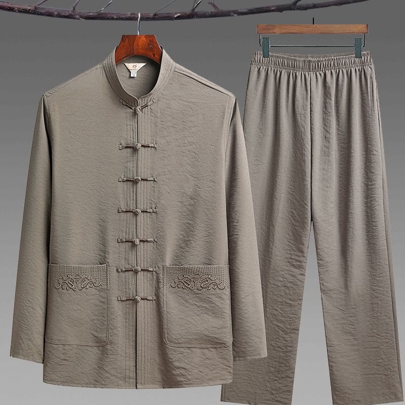 Buddha Stones 2Pcs Plain Tang Suit Men's Frog-Button Long Sleeve Shirt Pants Set - Tan - 2Pcs Set - US/UK/AU44，EU54 (4XL) - image 16