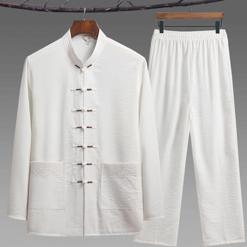 Buddha Stones 2Pcs Plain Tang Suit Men's Frog-Button Long Sleeve Shirt Pants Set - White - 2Pcs Set - US/UK/AU42，EU52 (4XL) - image 12