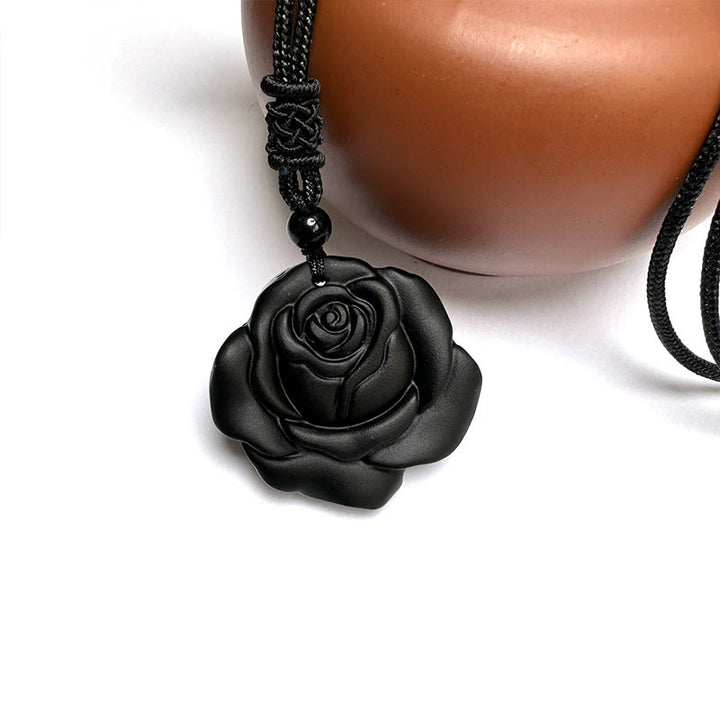 Buddha Stones Black Obsidian String Black Rose Purification Necklace Pendant