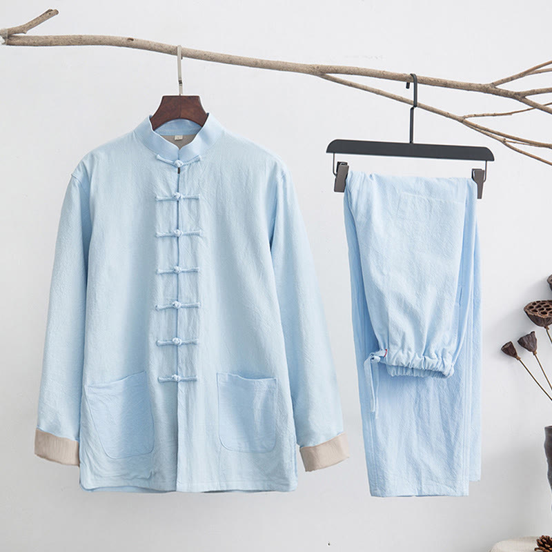 Buddha Stones 2Pcs Zen Tang Suit Men's Linen Frog-Button Long Sleeve Shirt Pants Set - LightCyan - US/UK/AU44，EU54 (4XL) - image 22