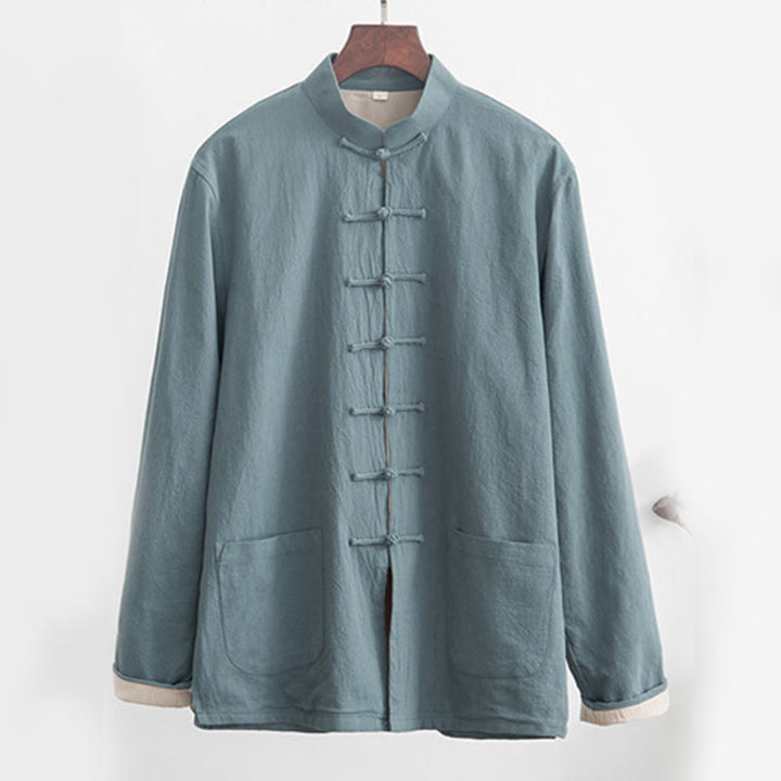 Buddha Stones 2Pcs Zen Tang Suit Men's Linen Frog-Button Long Sleeve Shirt Pants Set - image 5