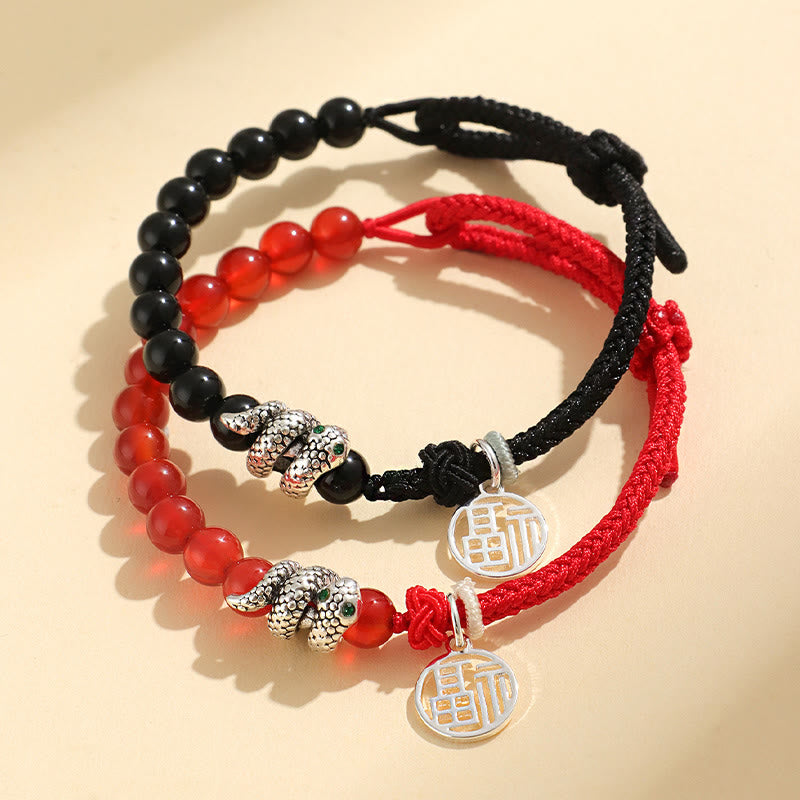 Buddha Stones Fu Character Red Agate Black Onyx Year Of The Snake Red String Luck Bracelet