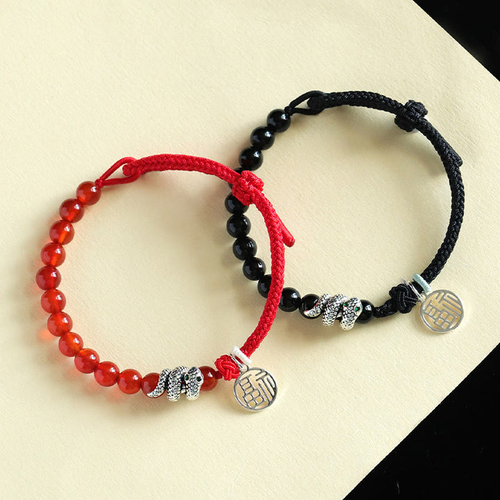 Buddha Stones Fu Character Red Agate Black Onyx Year Of The Snake Red String Luck Bracelet