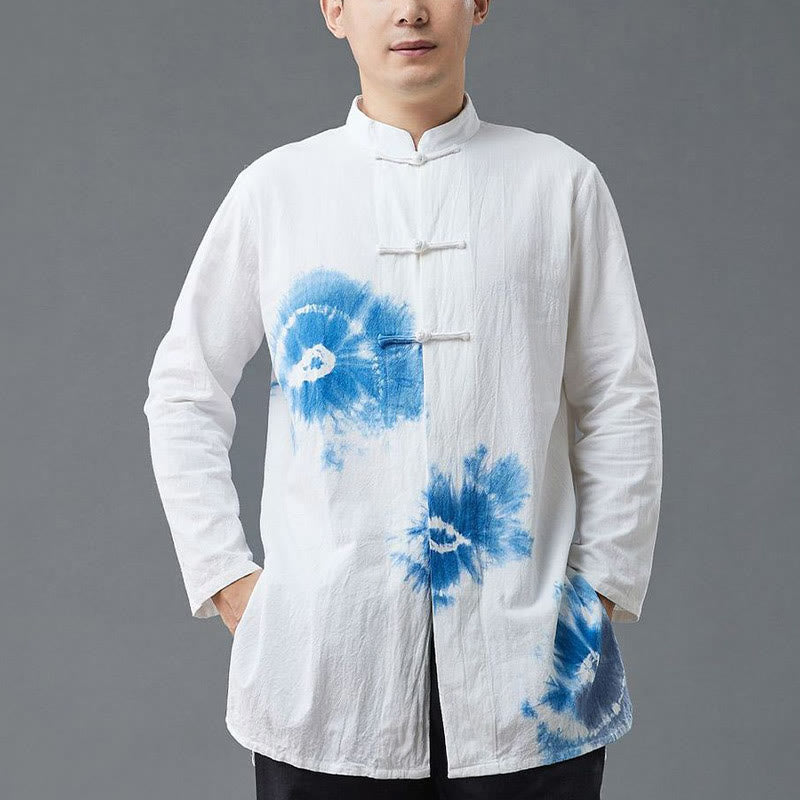 Buddha Stones Men's Frog-Button Chinese Tang Suit Tie Dye Gradient Flowers Shirt Cotton Linen Clothing