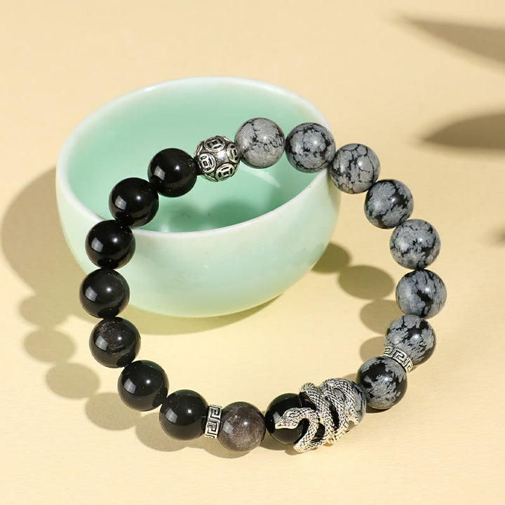 Buddha Stones Natural Silver Sheen Obsidian White Turquoise Grey Jasper Snowflake Obsidian Year Of The Snake Protection Bracelet