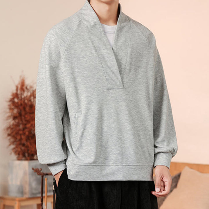 Buddha Stones Fall Simple V-Neck Men's Sweatshirt Cotton Pullover With Pockets