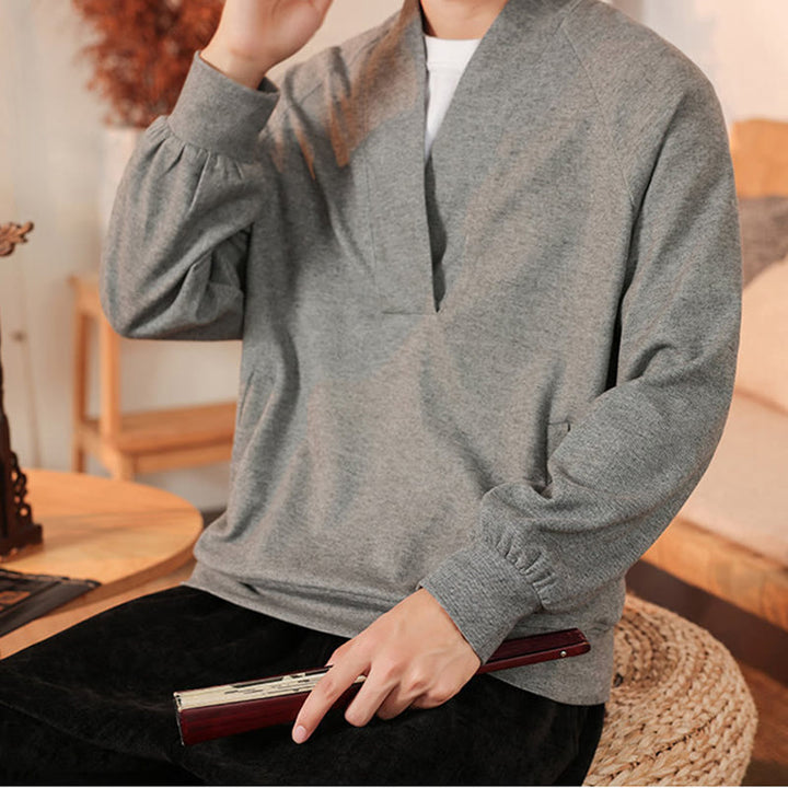 Buddha Stones Fall Simple V-Neck Men's Sweatshirt Cotton Pullover With Pockets