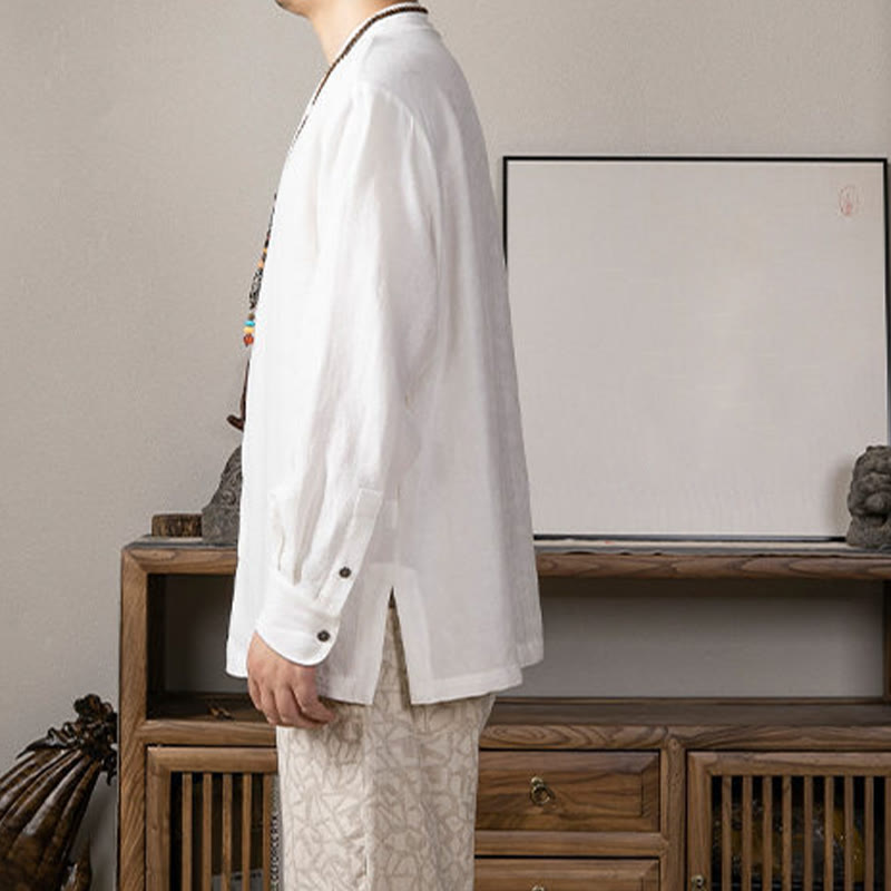 Buddha Stones V-Neck Men's Linen Long Sleeve Shirt Zen Clothing - image 3