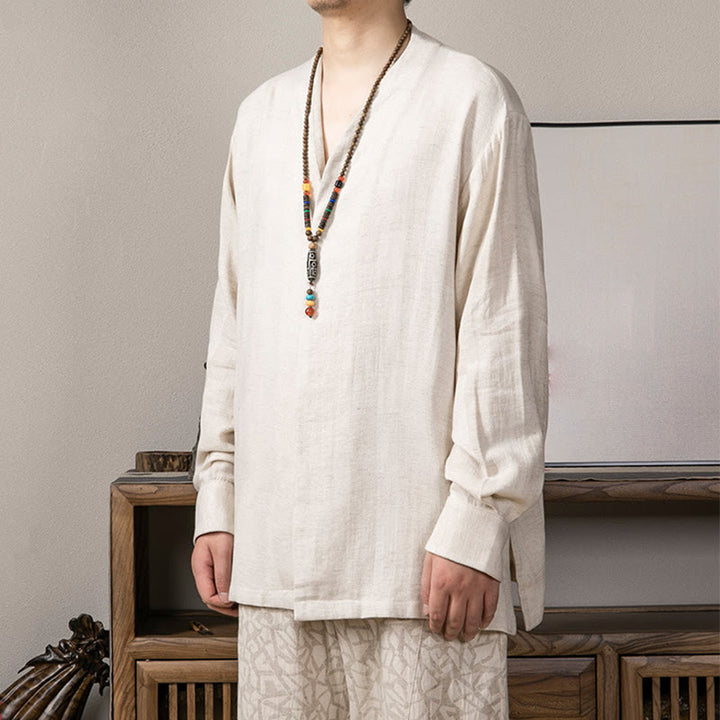 Buddha Stones V-Neck Men's Linen Long Sleeve Shirt Zen Clothing