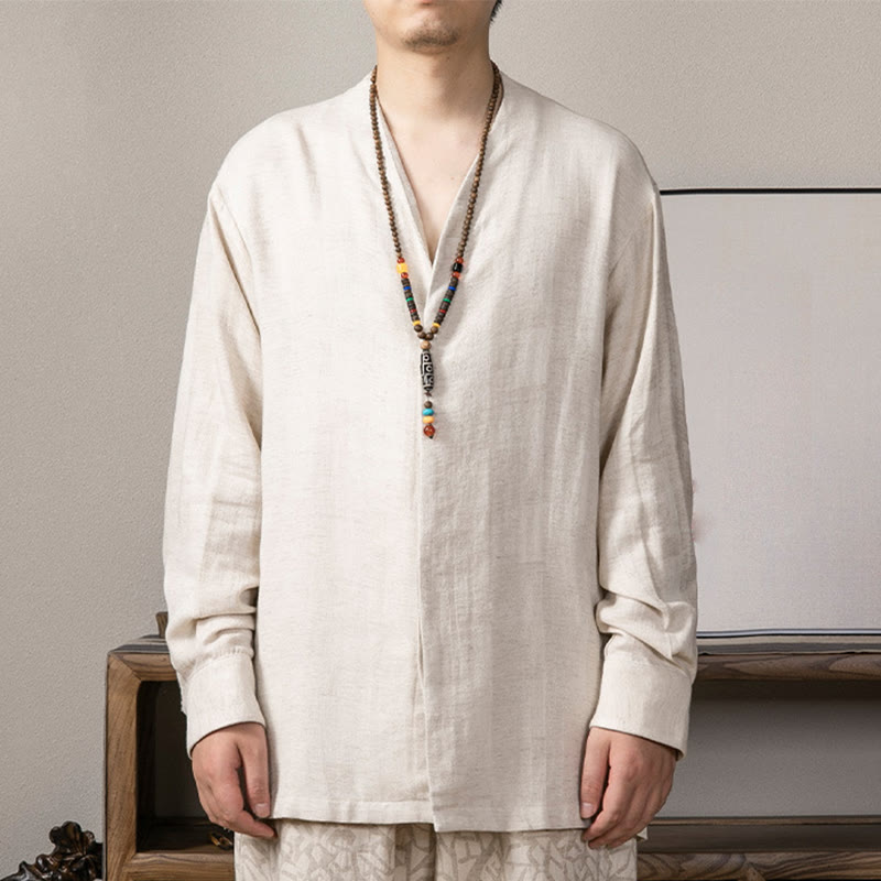 Buddha Stones V-Neck Men's Linen Long Sleeve Shirt Zen Clothing - Linen - US/UK/AU44，EU54 (4XL) - image 10