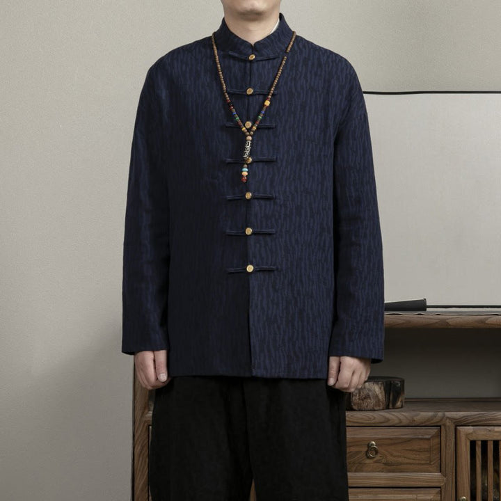 Buddha Stones Casual Frog-Button Tang Suit Jacquard Linen Men's Shirt