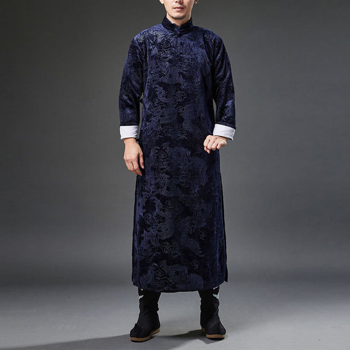 Buddha Stones Vintage Fall Winter Chinese Frog-Button Tang Suit Men's Dragon Jacquard Robe With Pockets - LightSteelBlue - US/UK/AU38，EU48 (XL) - image 0