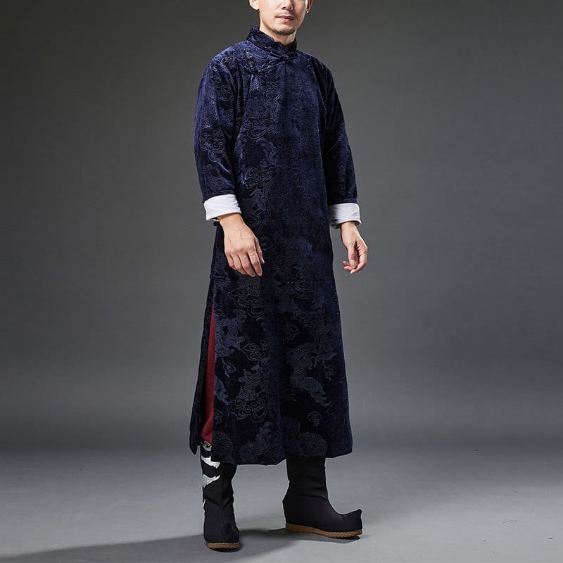 Buddha Stones Vintage Fall Winter Chinese Frog-Button Tang Suit Men's Dragon Jacquard Robe With Pockets