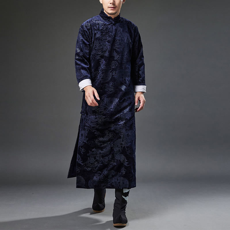 Buddha Stones Vintage Fall Winter Chinese Frog-Button Tang Suit Men's Dragon Jacquard Robe With Pockets - image 5