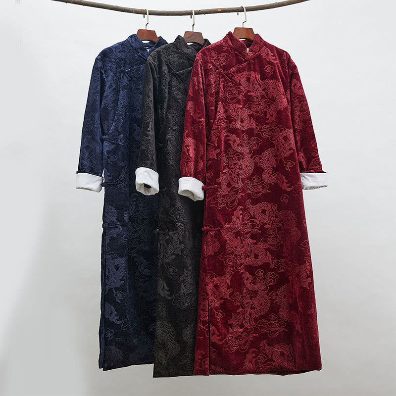 Buddha Stones Vintage Fall Winter Chinese Frog-Button Tang Suit Men's Dragon Jacquard Robe With Pockets - image 1