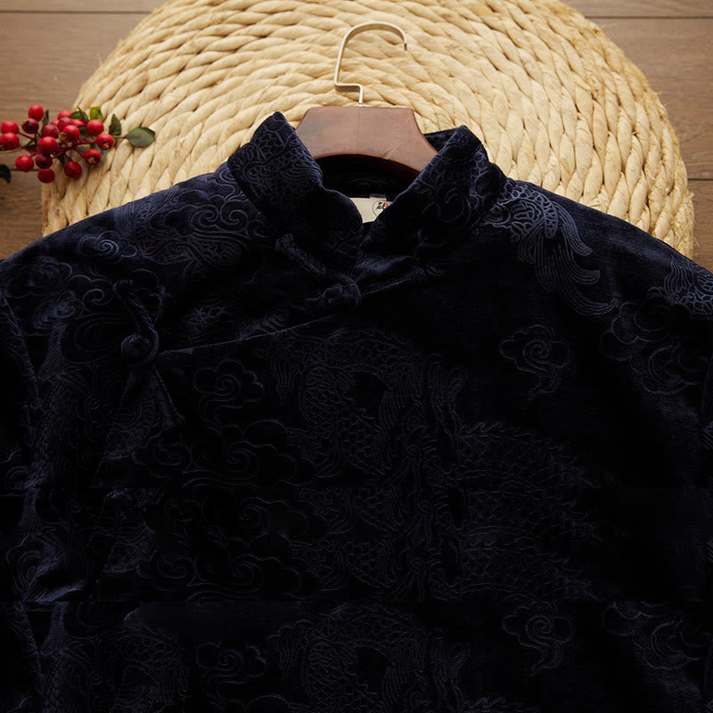 Buddha Stones Vintage Fall Winter Chinese Frog-Button Tang Suit Men's Dragon Jacquard Robe With Pockets - image 9