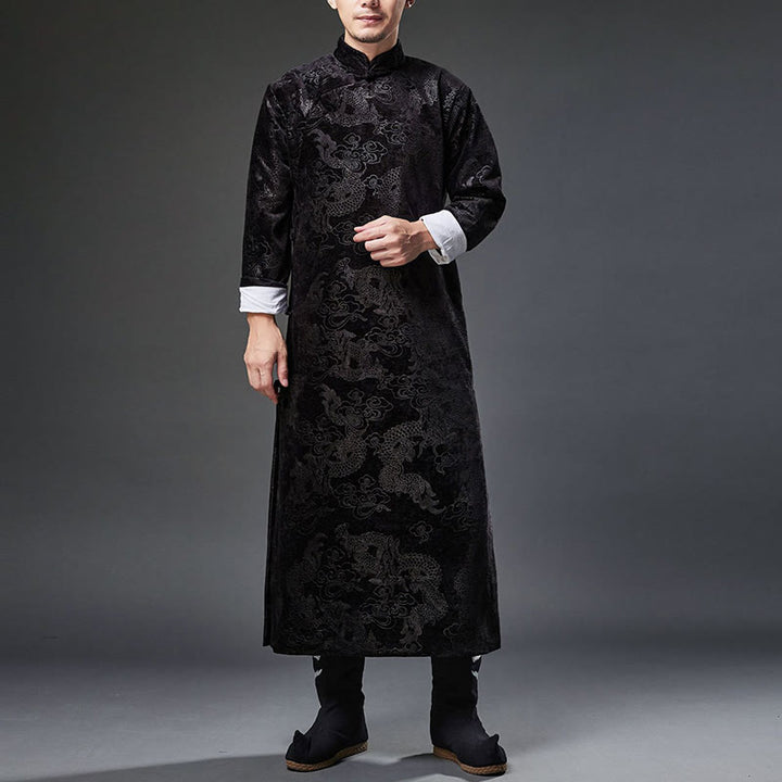 Buddha Stones Vintage Fall Winter Chinese Frog-Button Tang Suit Men's Dragon Jacquard Robe With Pockets - image 15