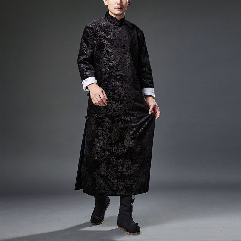 Buddha Stones Vintage Fall Winter Chinese Frog-Button Tang Suit Men's Dragon Jacquard Robe With Pockets - image 16
