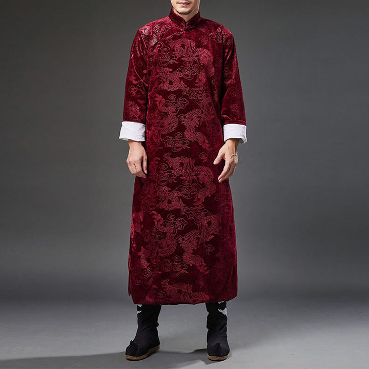 Buddha Stones Vintage Fall Winter Chinese Frog-Button Tang Suit Men's Dragon Jacquard Robe With Pockets