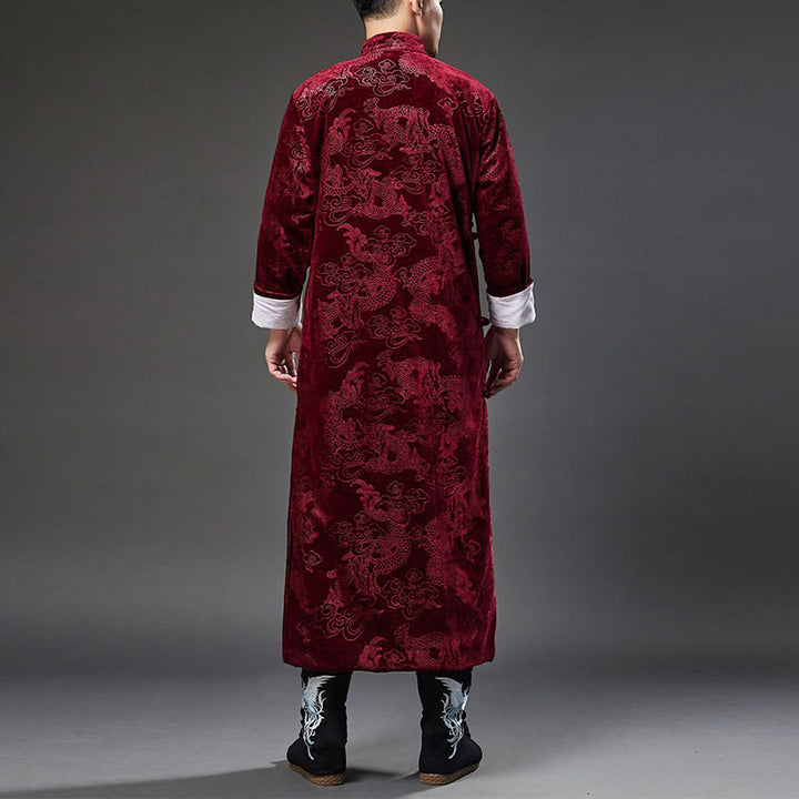 Buddha Stones Vintage Fall Winter Chinese Frog-Button Tang Suit Men's Dragon Jacquard Robe With Pockets