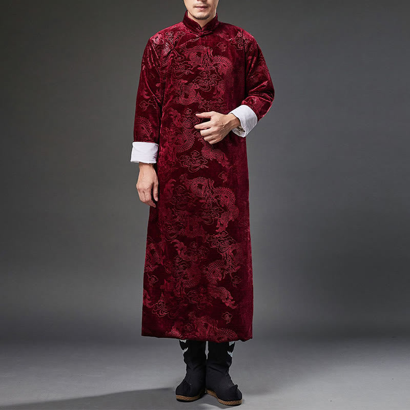 Buddha Stones Vintage Fall Winter Chinese Frog-Button Tang Suit Men's Dragon Jacquard Robe With Pockets