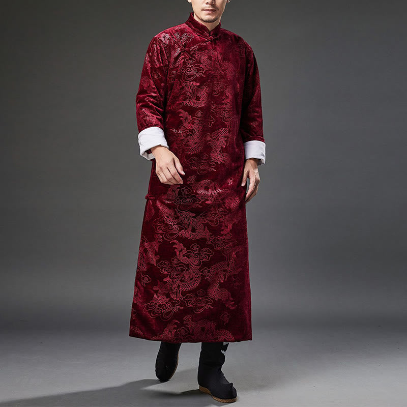 Buddha Stones Vintage Fall Winter Chinese Frog-Button Tang Suit Men's Dragon Jacquard Robe With Pockets - image 23