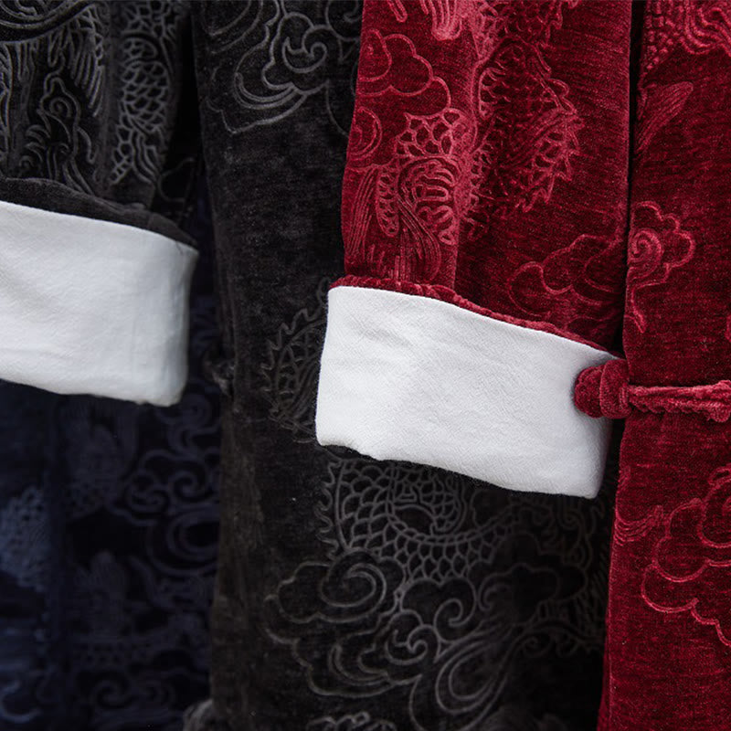 Buddha Stones Vintage Fall Winter Chinese Frog-Button Tang Suit Men's Dragon Jacquard Robe With Pockets - image 28