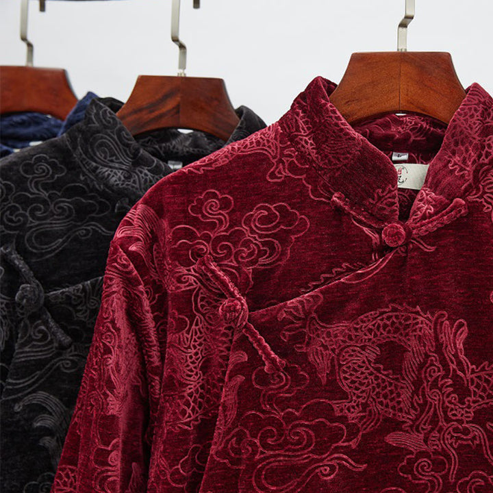 Buddha Stones Vintage Fall Winter Chinese Frog-Button Tang Suit Men's Dragon Jacquard Robe With Pockets - image 26