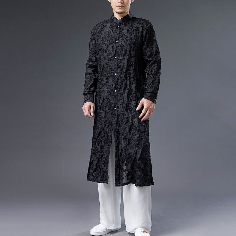 Buddha Stones Fall Peony Flowers Button Down Cotton Coat Men's Tang Suit Robe