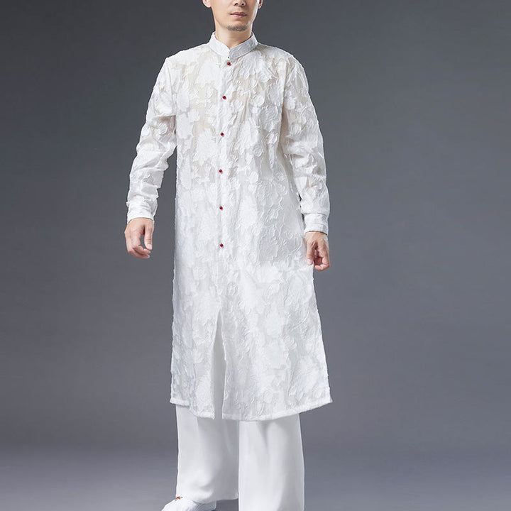 Buddha Stones Fall Peony Flowers Button Down Cotton Coat Men's Tang Suit Robe