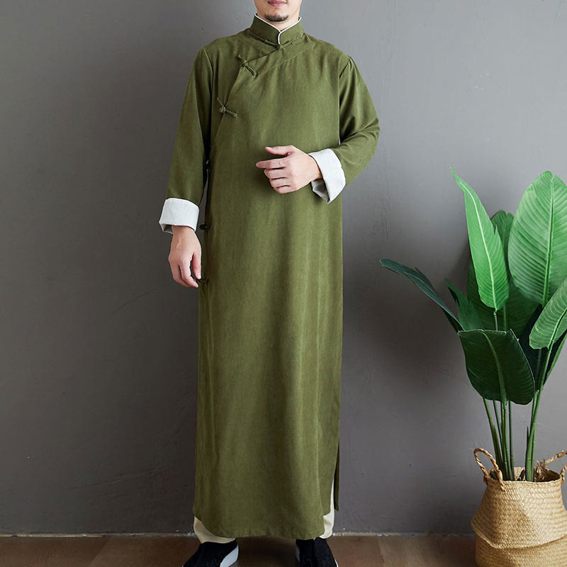Buddha Stones Fall Solid Color Chinese Frog-Button Cotton Men's Tang Suit Robe - OliveDrab - US/UK/AU38，EU48 (XL) - image 0
