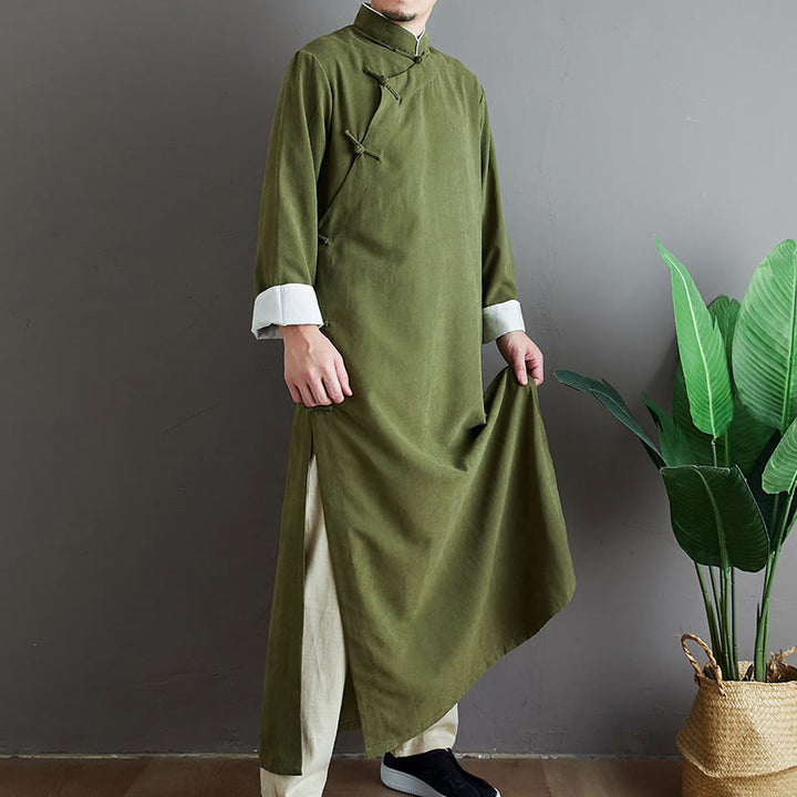 Buddha Stones Fall Solid Color Chinese Frog-Button Men's Tang Suit Robe - image 6