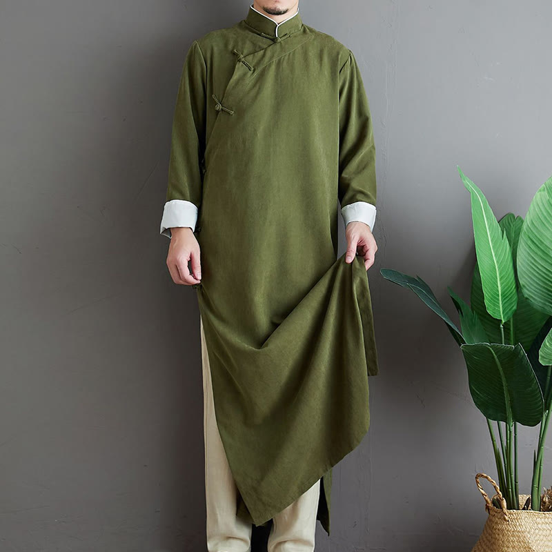 Buddha Stones Fall Solid Color Chinese Frog-Button Cotton Men's Tang Suit Robe