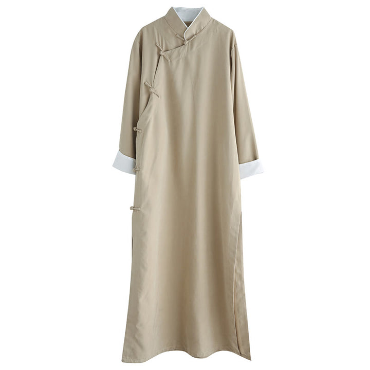 Buddha Stones Fall Solid Color Chinese Frog-Button Cotton Men's Tang Suit Robe - image 19